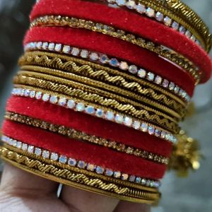 RED AND GOLDEN BANGLES SET WITH LATKAN