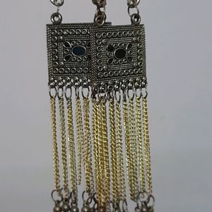 Gold Oxidised Square Earrings With Chain.