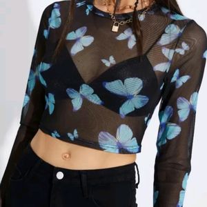 Butterfly Print Long Sleeve Mesh Crop Top