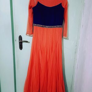 Orange Anarkali Net Gown With Dupatta And Chudidar