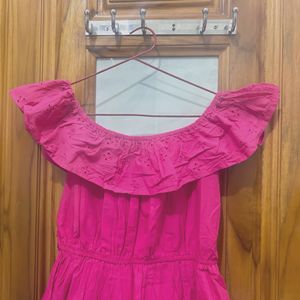 Pink Off-shoulder Pure Cotton A-line D With Belt