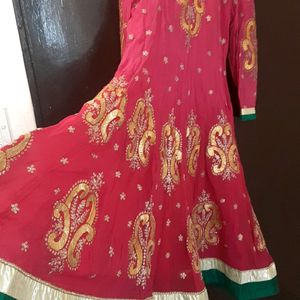 Beautiful ROSE PINK & GREEN LONG ANARKALI KURTA