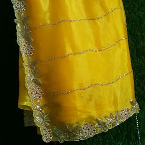 Beautiful hand work yellow saree