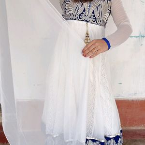 Blue White Anarkali Suit