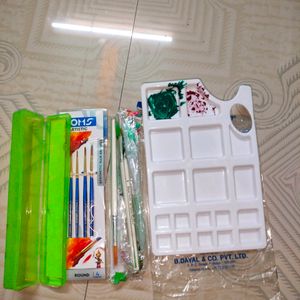 Drawing Plate With 3 Used Dayal Company Brush & 1 New Doms Brush Pack (Consisting 4 Different No Brushes) (16 A4 Art paper Sheets Free)