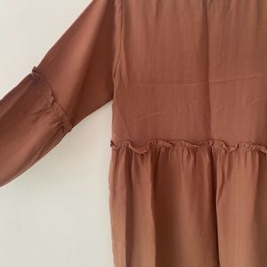 Women Nude A Line Dress With Puff Sleeve