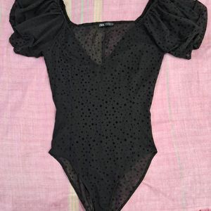 NWOT ZARA Puff Sleeve Sheer Polka Dot Bodysuit