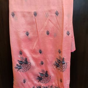 Coral Pink And Grey Embroidery Saree