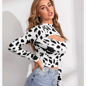 Cow Print Neck Cut Out Top