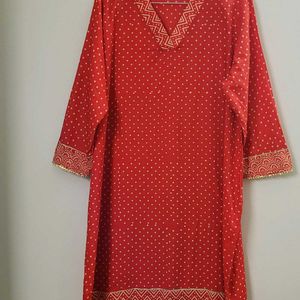 Missprint Red Hand Block Printed V-Necked Kurta