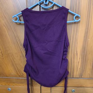 Burgandy Ribbed Sleeves Top With Ruching