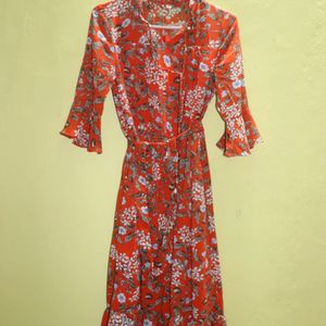 Red Floral Midi Casual Dress