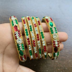 Trio: Red, Green, and White stones  Bangles
