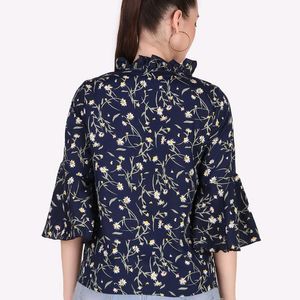 New Korean Ruffled Neck Navy Blue Blouse