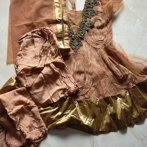 Brown Short Umbrella Style Net Kurta