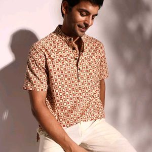 Fabindia Beige Cotton Bagru Printed Shirt