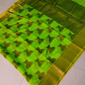 Green Colour Cotton Blend Pattu Border Saree