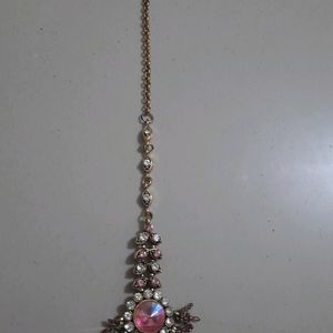 Pink Gold Diamond Necklace With Mang Tikka And Cha