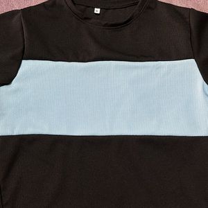 Women Blue Black Color Blocked Relaxed Fit T-shirt