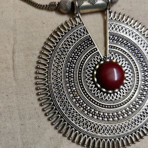 Oxidized GS Statement Pendant With Coral Stone