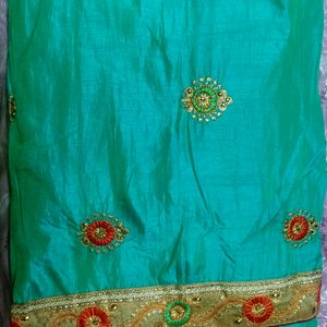 Shiny green color saree with cloth for blouse pc