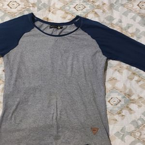 Grey Melange Solid Round Neck Raglan Sleeves Baseball Tshirt