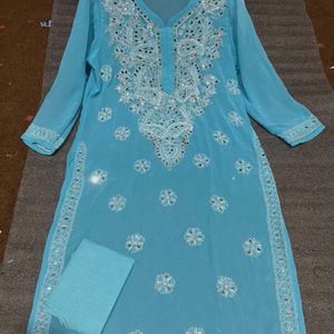 Long Chikankari Kurti Sky Blue Colour