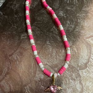 Pink Fimo Beads With Angel Heart Wing Necklace