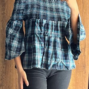 Blue Cheques Off Shoulder Top