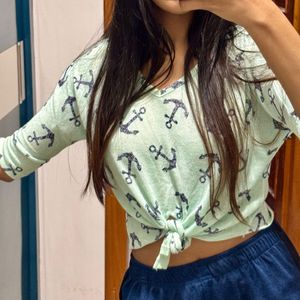 Anchor Print Crop Tie Up Top