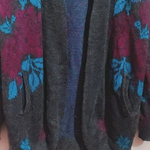 Dark Grey Winter Wool Printed Shrug