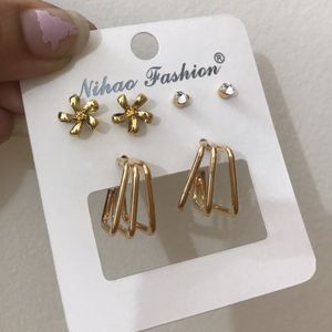 Set Of 3 Gold Stud Earrings For Women