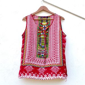 Patterned Elegant Red Sleeveless Cotton Top