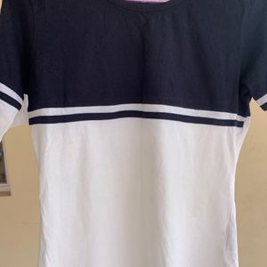 Women Navy Blue And White Pure Cotton TshirtTshirt