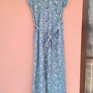 Blue Shirt Dress With White Floral Prints