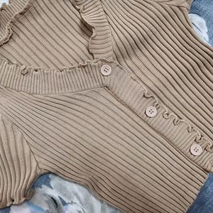 Beige Korean Ribbed Crop Top