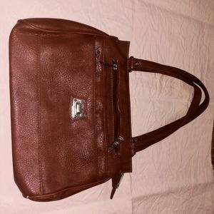 Brown Faux Leather Handbag, Medium Size, With Mult