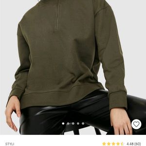 Collar Zip Drop Shoulder  Olive Sweatshirt