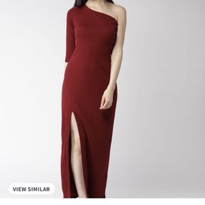 Maroon Solid One Shoulder Maxi Dress