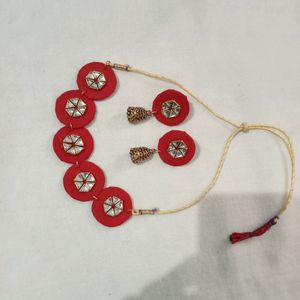 Red Kundan Choker With Jumkhi Earrings