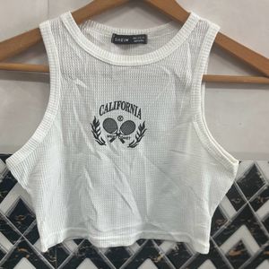 Shine White Slim Fit PrintedCamisole Crew Neck Top