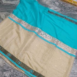 Blue And Cream Saree With Boarder Plus Peals 🌸🧿