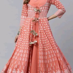 Pink Color Gotta Pati Printed Cotton Anarkali With Long Ethnic Jacket