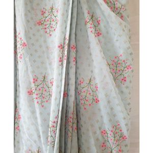 Sage Floral Foil Pre- Stitched Saree