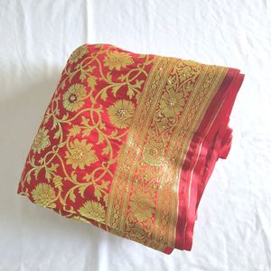 Red With Gold Floral Print Saree (Women's)