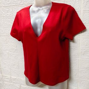 "Fiery Elegance: Red Hot Deep Neck Top