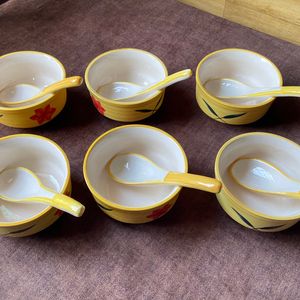 Set Of 6 Soup Bowls & Spoons