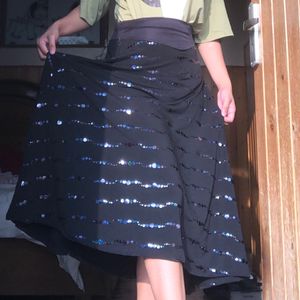 High Waist Long Black Skirt With Blue Sequence