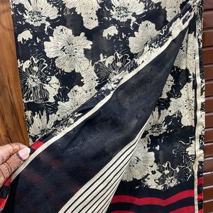 Black Flower Red Printed Saree With Blouse