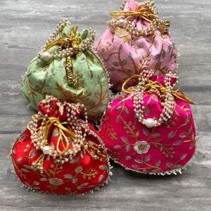 Designer Flower Embroidery Printed Potli Bags